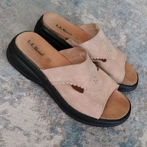 L.L. Bean Suede Leather Laser Cut Scalloped Sandals 5 Tan Brown